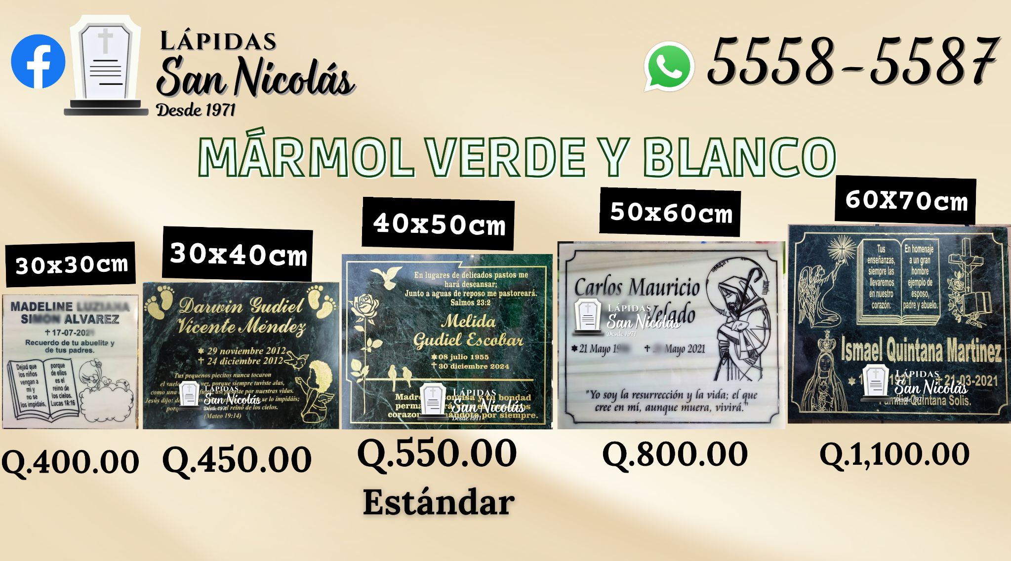 Catálogo de precios de lápidas de mármol verde y blanco por tamaño