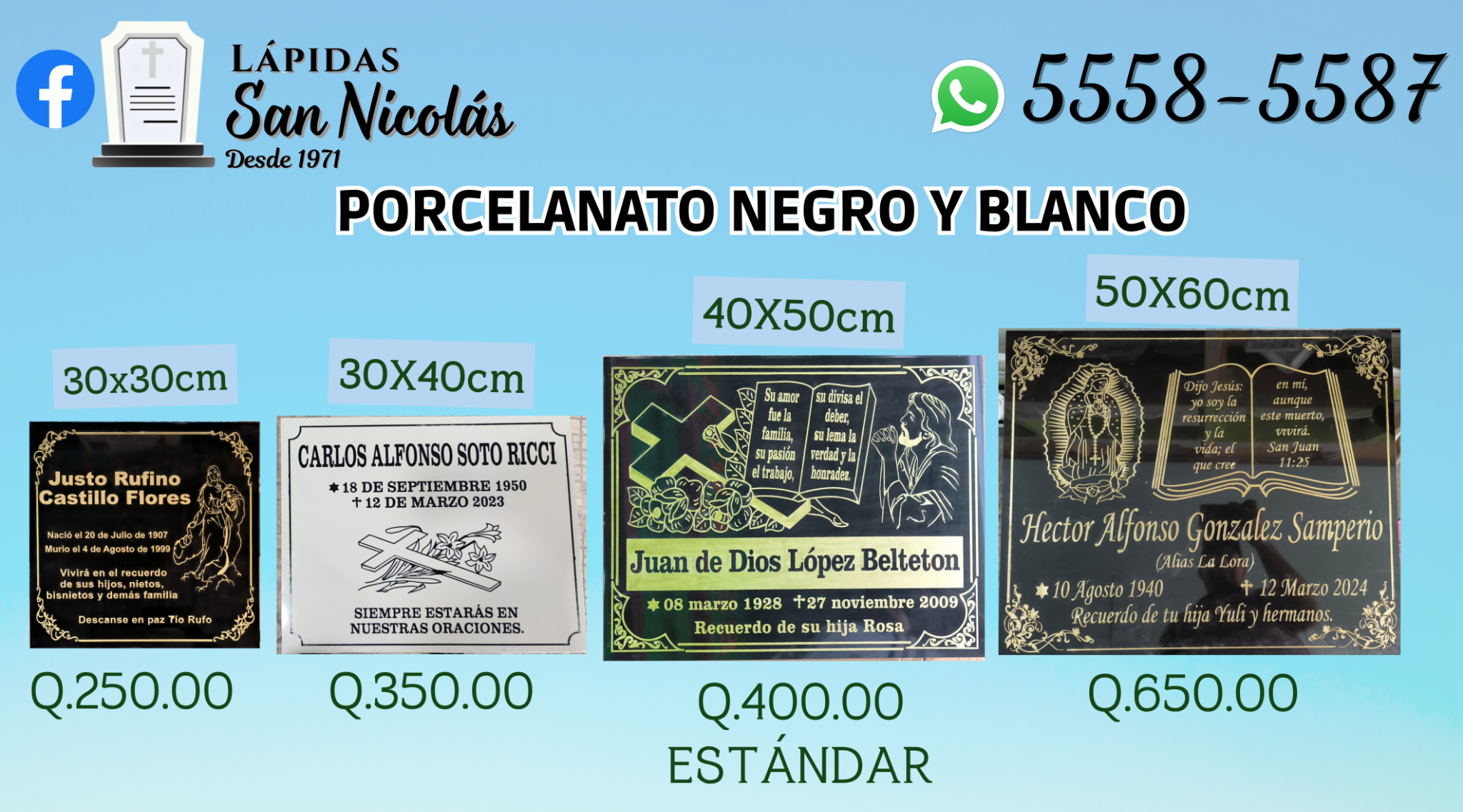 Catálogo de precios de lápidas de porcelanato negro y blanco